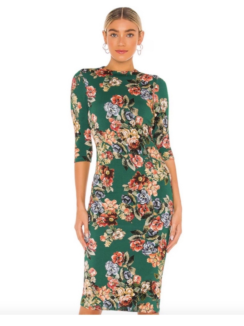 Alice + Olivia Delora Fitted Green Floral Midi Dress w/ 3/4 Sleeves Size 4 - Picture 12 of 12